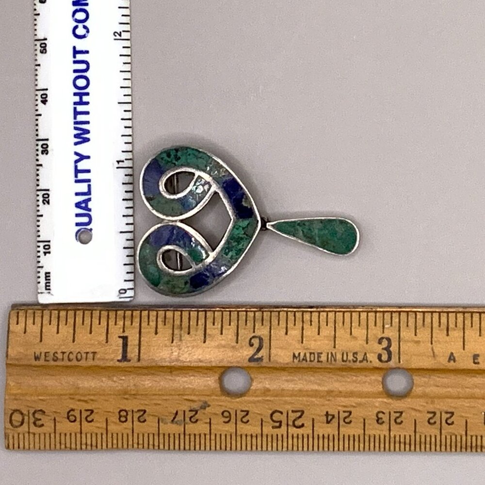 TAXCO Los Castillo Mexico Eagle 15 Heart Sterling Brooch Malachite Chrysocolla - Picture 10 of 10